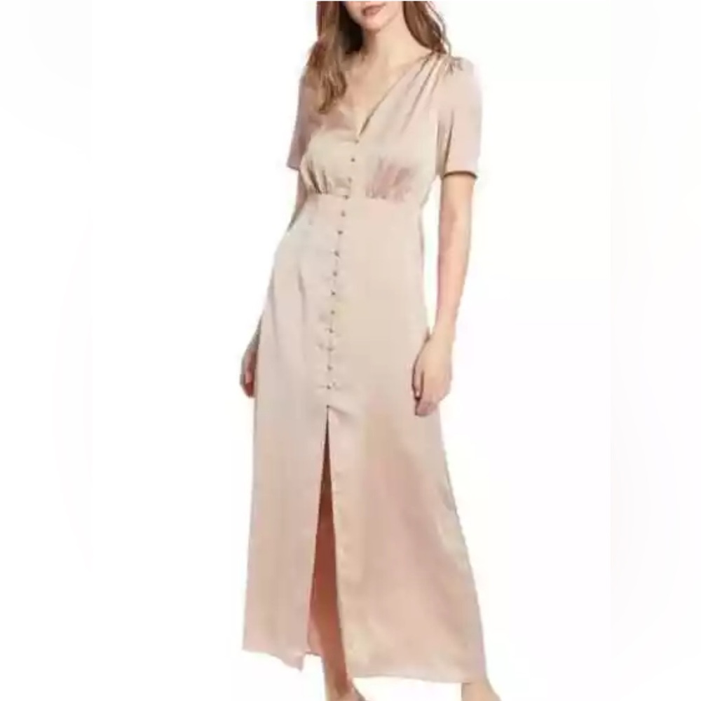 Leith Minimalism Satin Boho Front Button Maxi Dress WOMENS 1X  TAN TAUPE